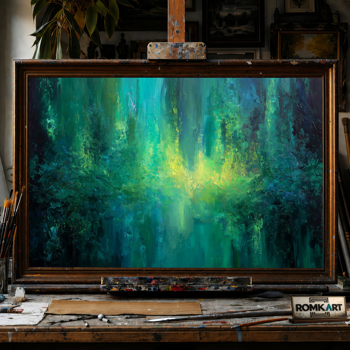 Abstract Expressionist Emerald Green hand-painted oil painting on canvas