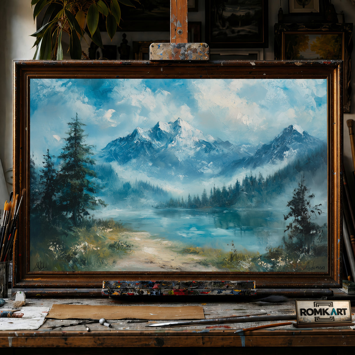 Alpine Lake and Misty Mountains hand-painted oil painting on canvas