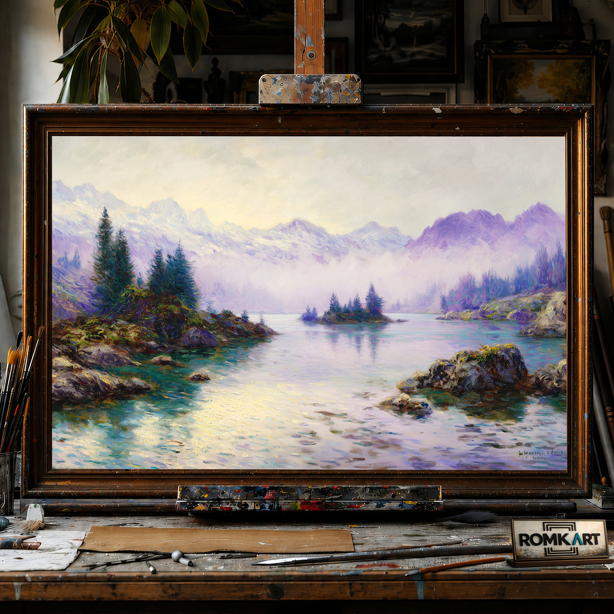 Alpine Lake Misty Mountains hand-painted oil painting on canvas