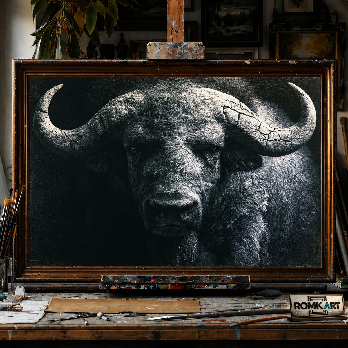 Ancient Buffalo - Hand-Painted Oil Painting - View 1