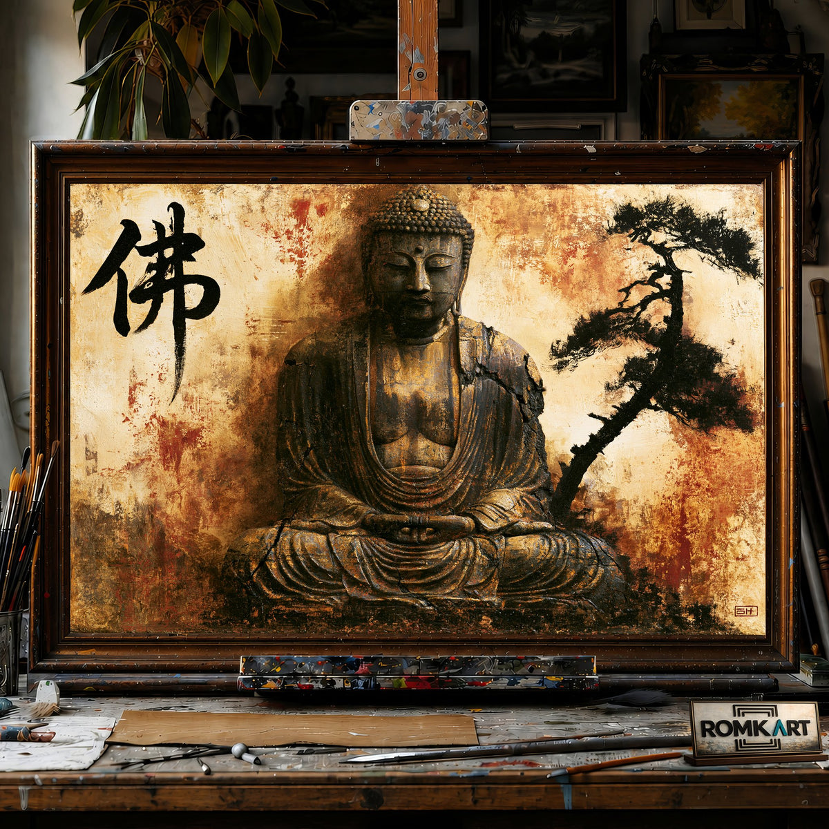 Ancient seated Buddha - Hand-Painted Oil Painting - View 1