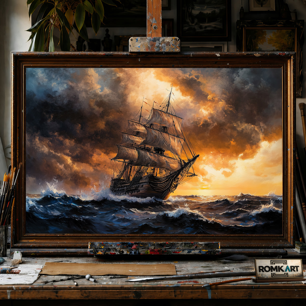 Battles Ship in Stormy Sea Maritime Oil Painting