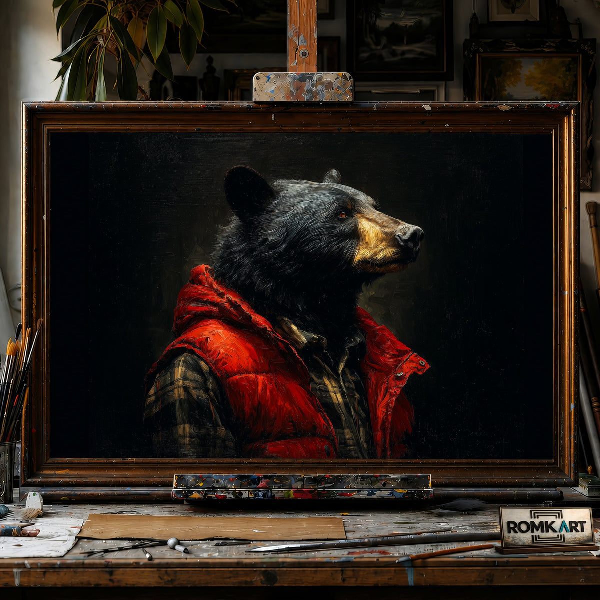 Black Bear Play Boy - Hand-Painted Oil Painting - View 1