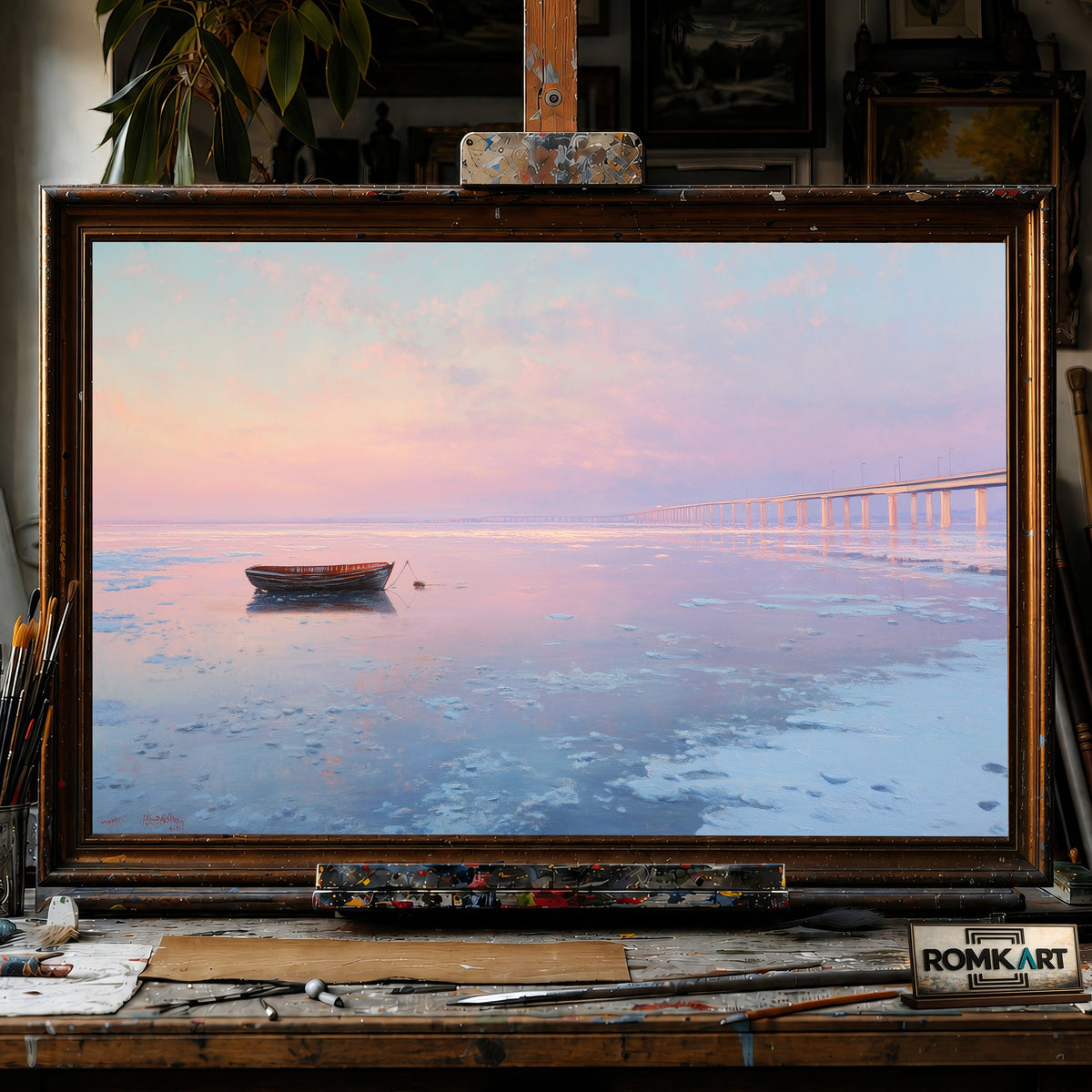 Boat in Frozen Seascape - Hand-Painted Oil Painting - View 1
