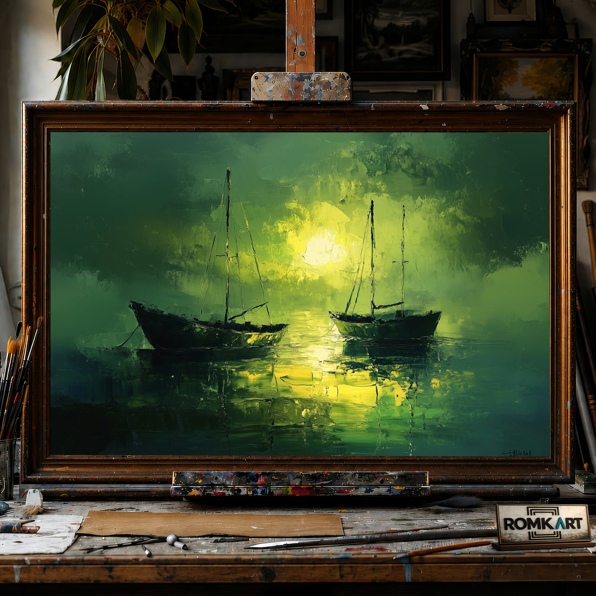 Boats on Lake Maritime Oil Painting