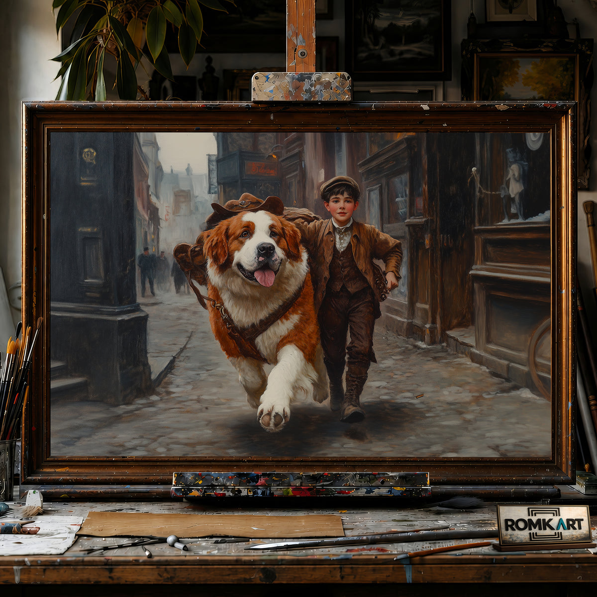 Boy and Saint Bernard Dog hand-painted oil painting on canvas