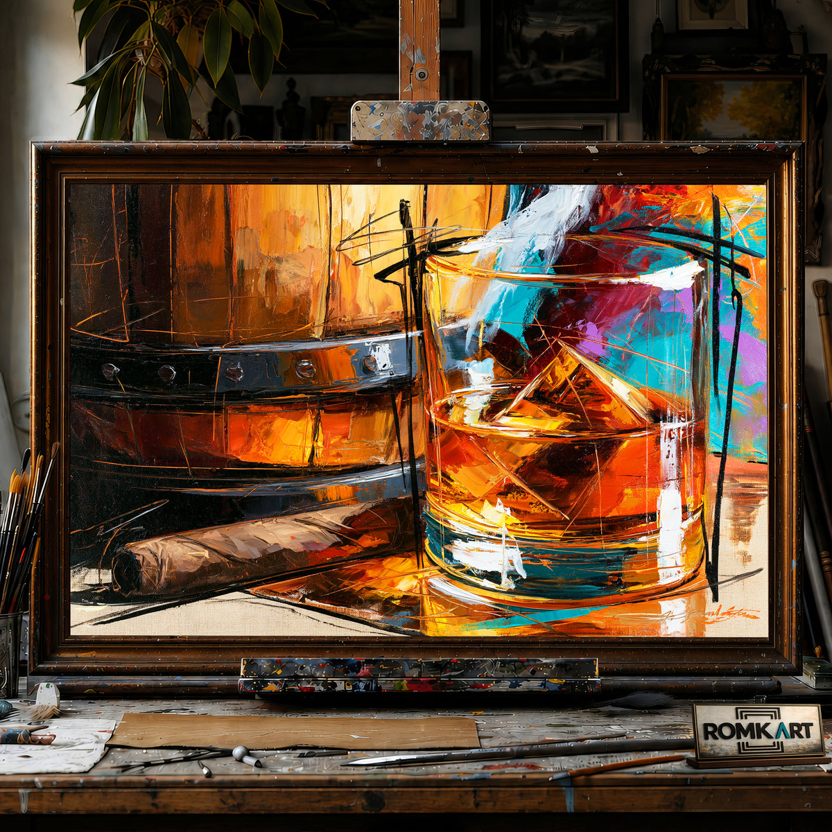 Cigar and Whiskey Still Life Oil Painting