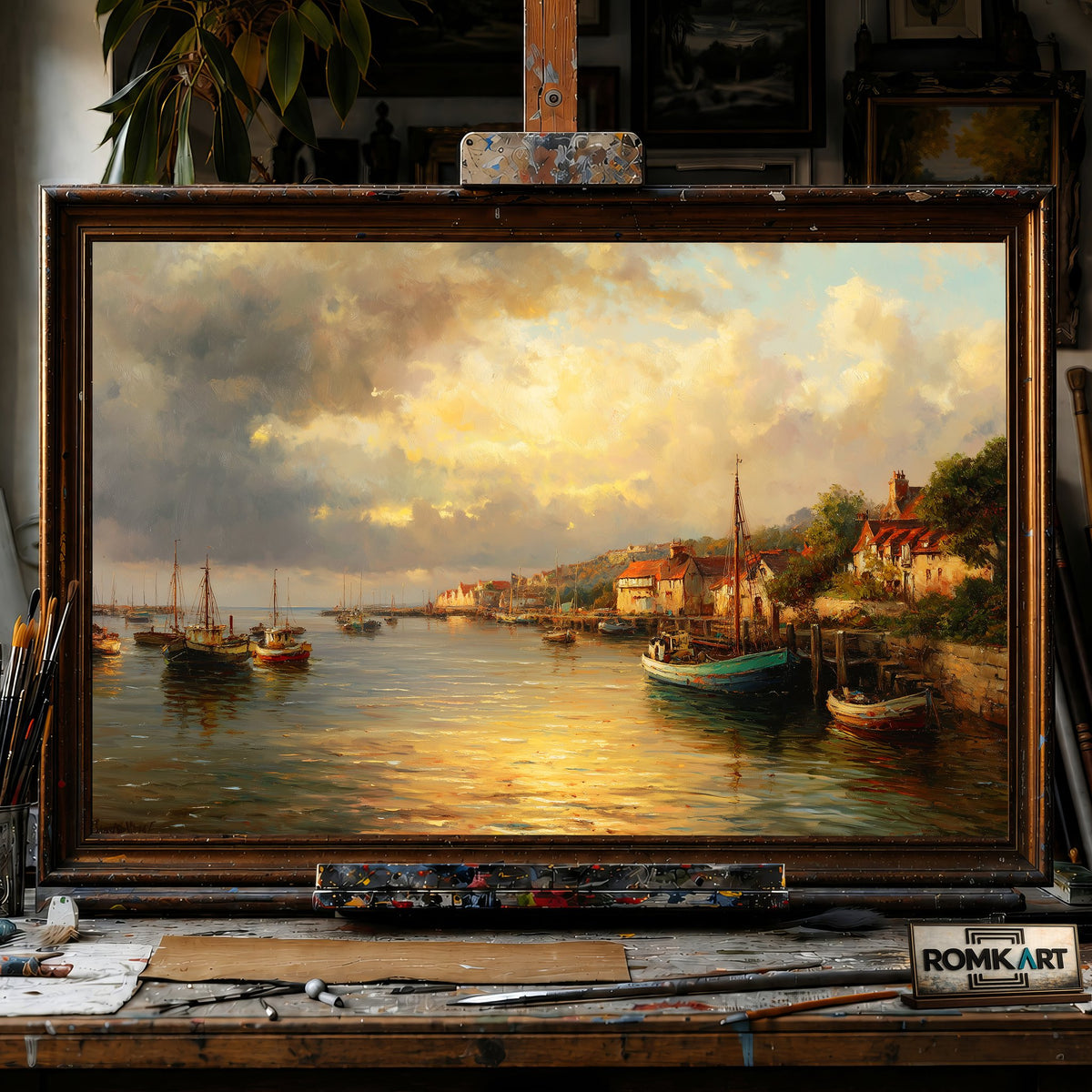 Coastal Harbor - Hand-Painted Oil Painting - View 1