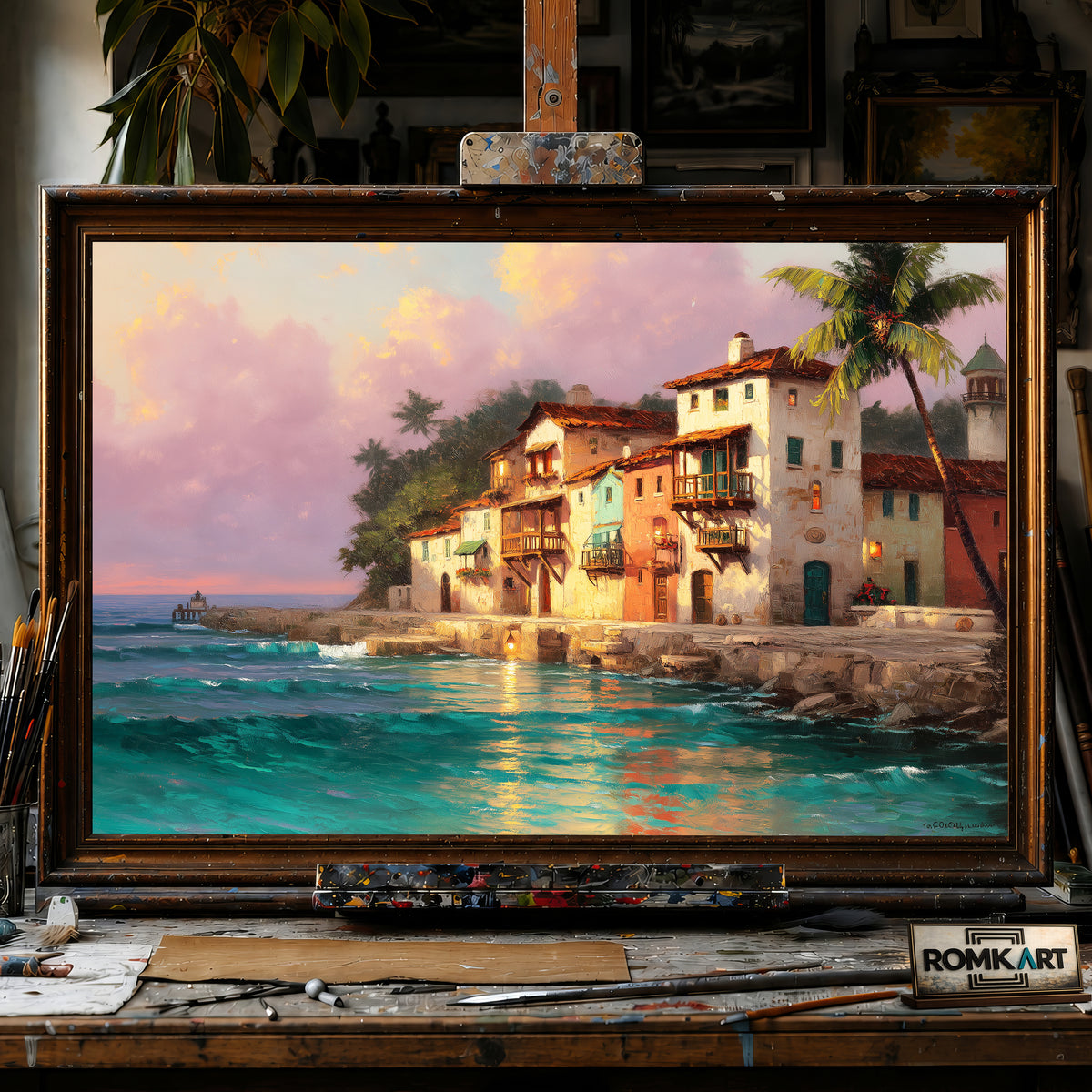 Coastal Village at Sunset Seascape Oil Painting