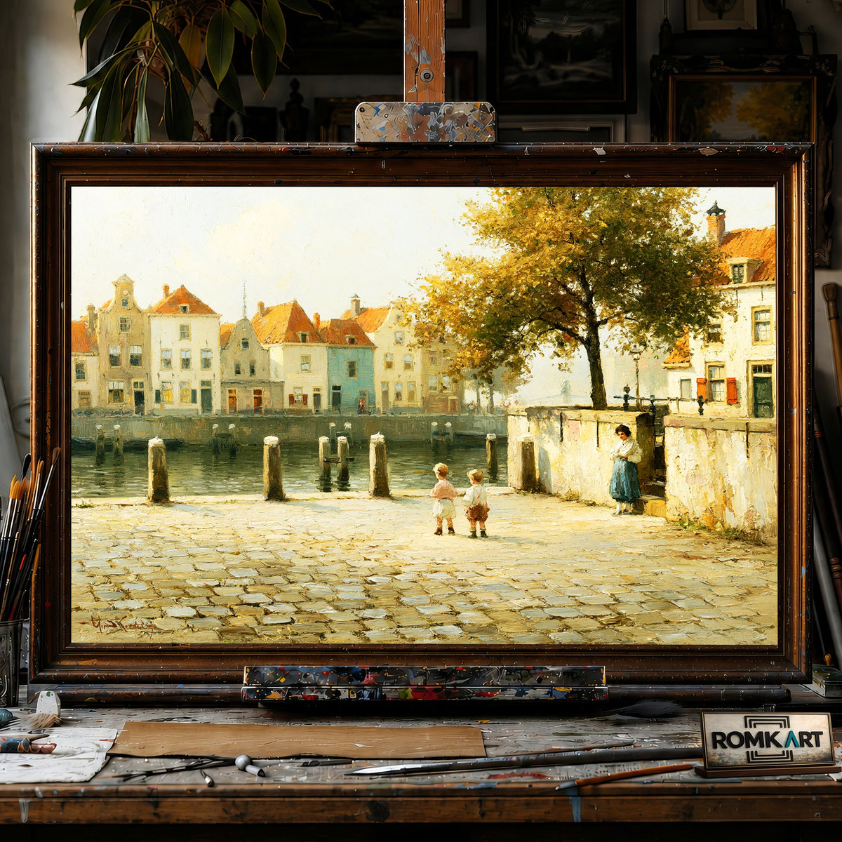 cobblestone Amsterdam canal - Hand-Painted Oil Painting - View 1