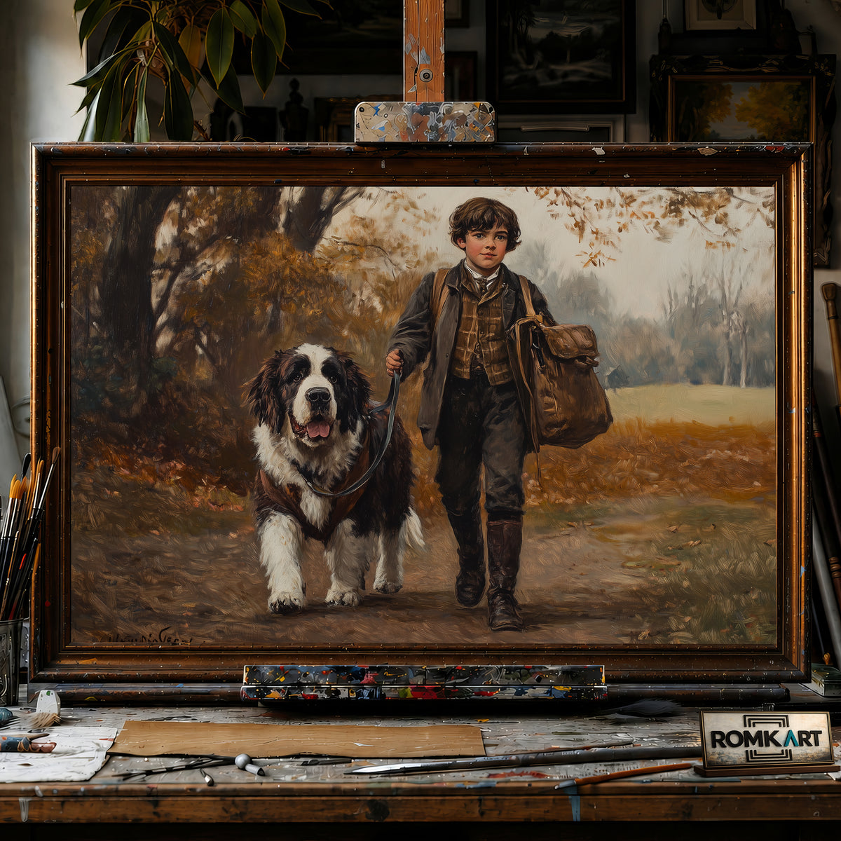 English Boy and Saint Bernard dog hand-painted oil painting on canvas