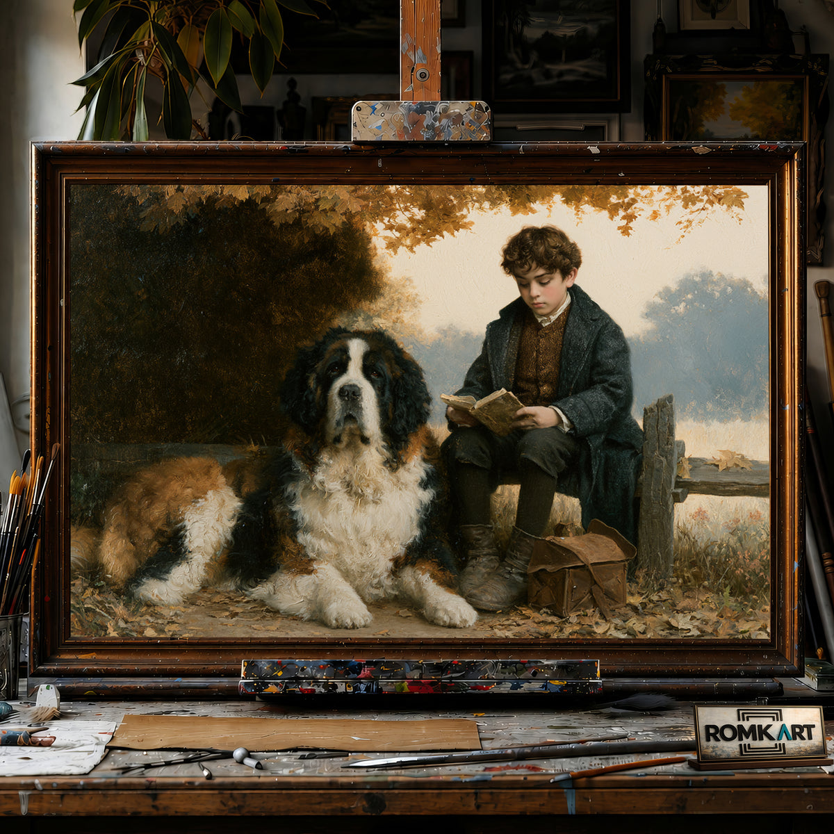 English Boy Reading and Saint Bernard hand-painted oil painting on canvas