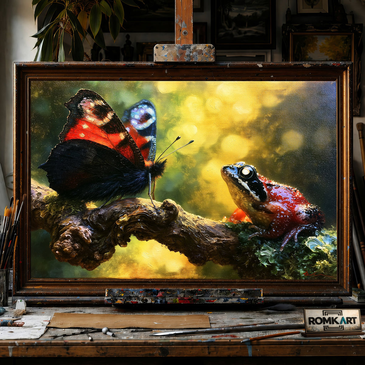 European Peacock Butterfly and Frog - Hand-Painted Oil Painting - View 1