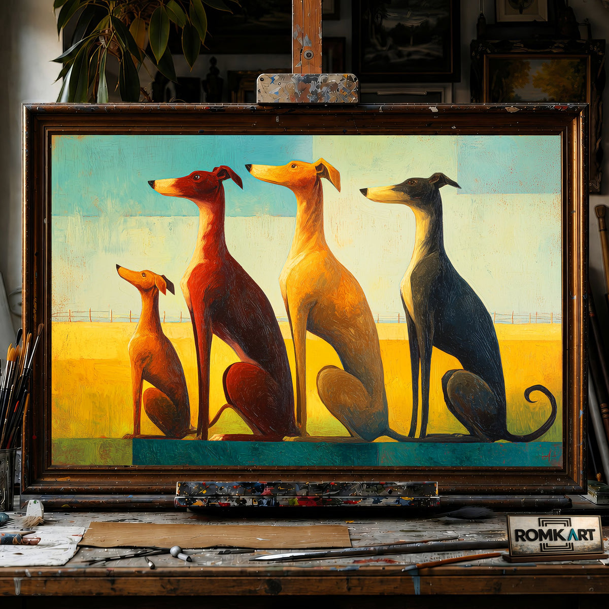 Four Slender Dogs - Hand-Painted Oil Painting - View 1