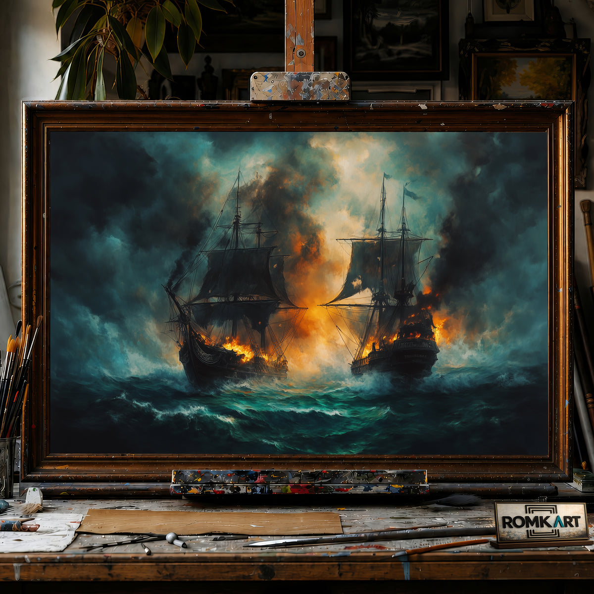 Grand Ships Naval Battle Maritime Oil Painting