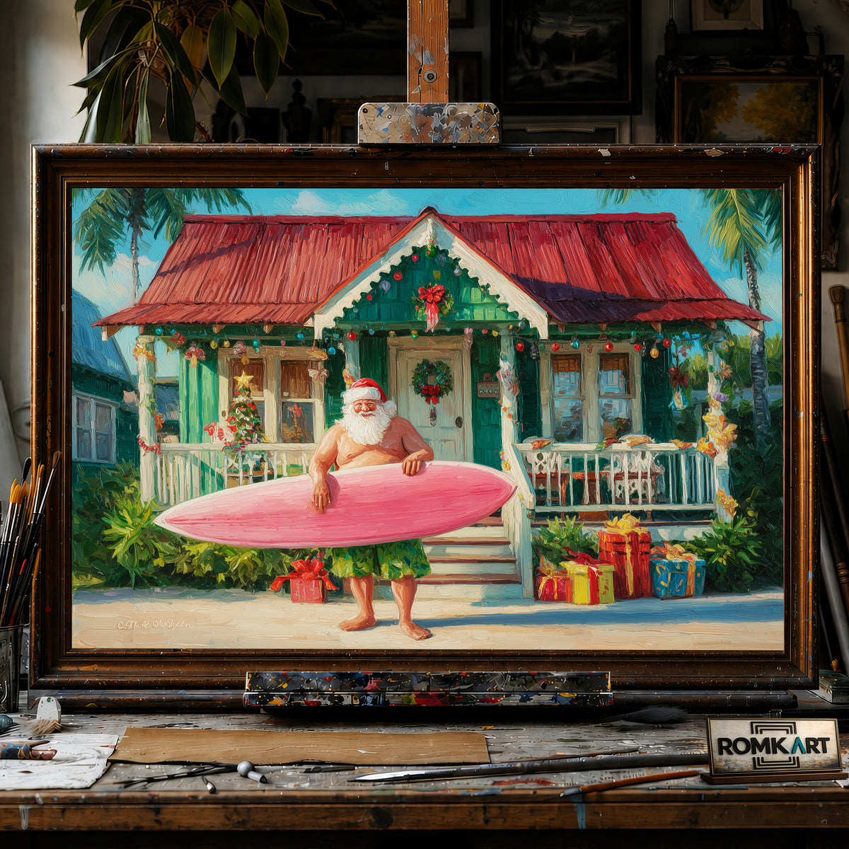 Hawaiian Santa Claus hand-painted oil painting on canvas