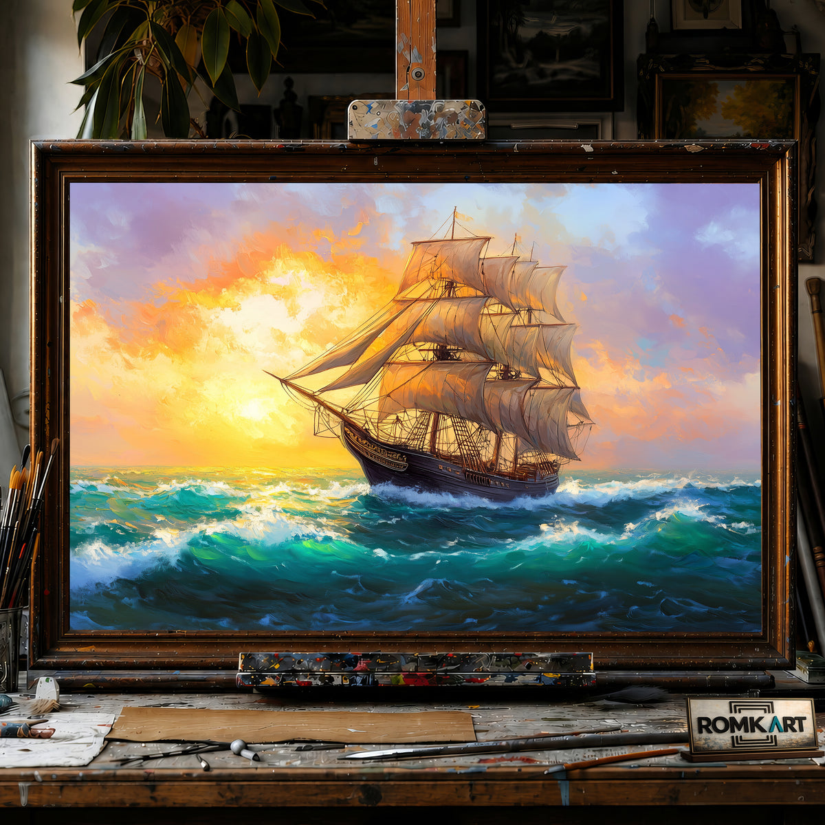 Large Sails Ship Maritime Oil Painting