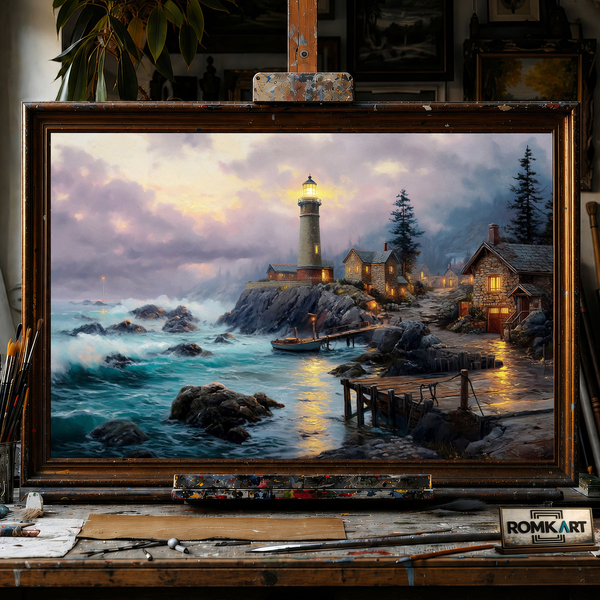 Lighthouse at Seacape Night hand-painted oil painting on canvas