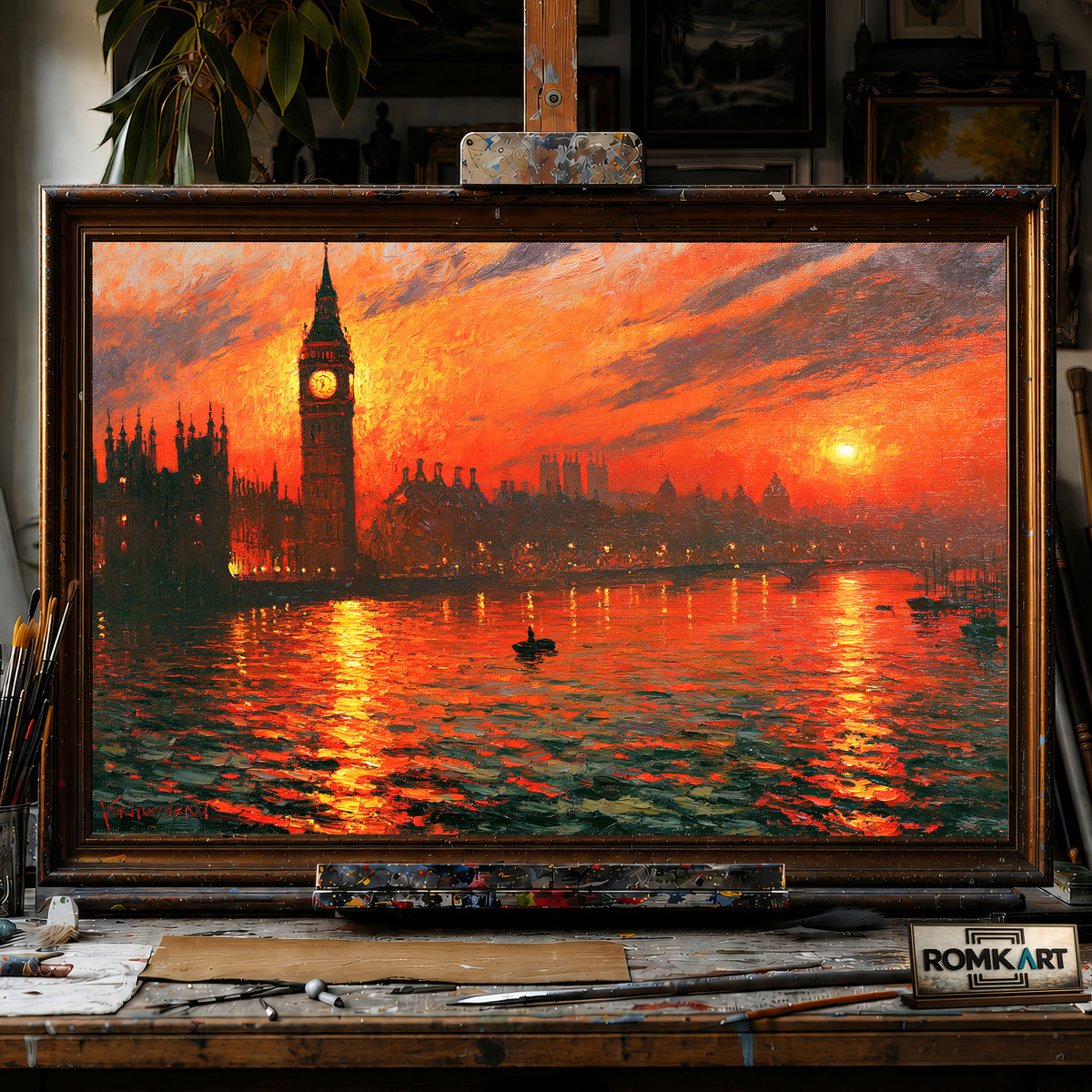 London Riverside Fiery Sunset hand-painted oil painting on canvas