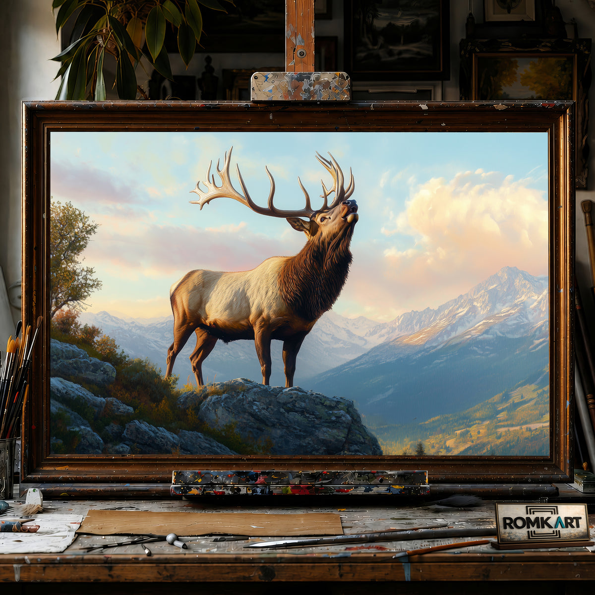 Majestic Elk on Atop Mountain hand-painted oil painting on canvas