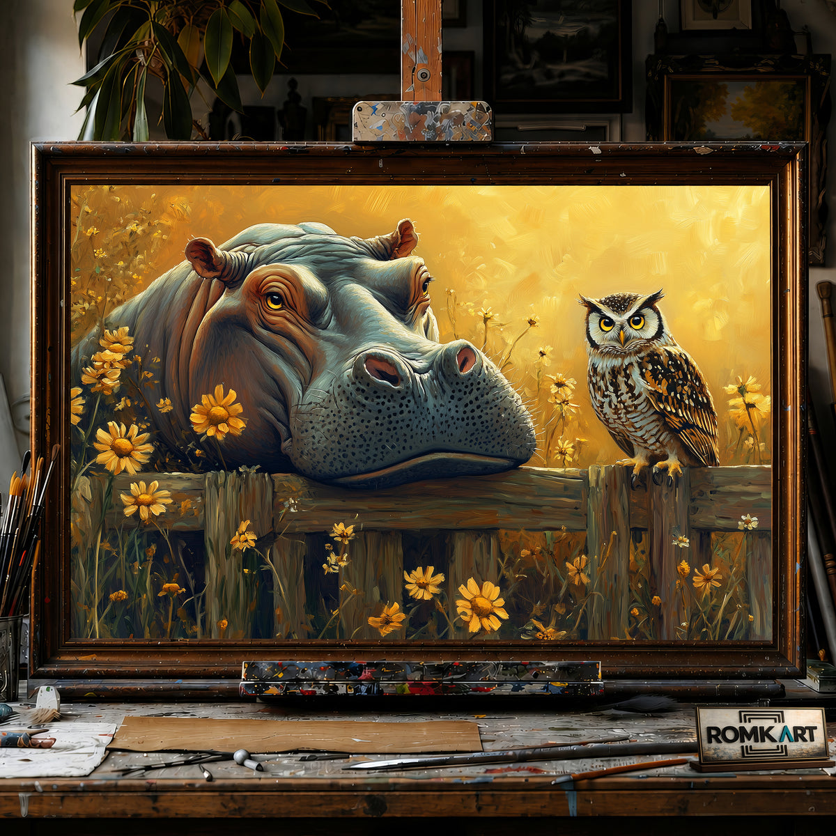 Majestic Hippo and Owl hand-painted oil painting on canvas
