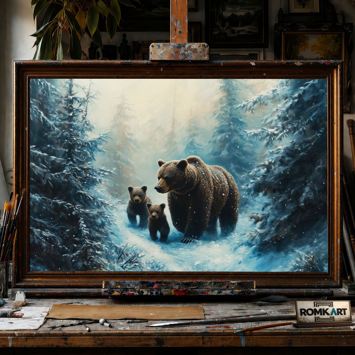 Majestic Mother Bear and Cubs hand-painted oil painting on canvas