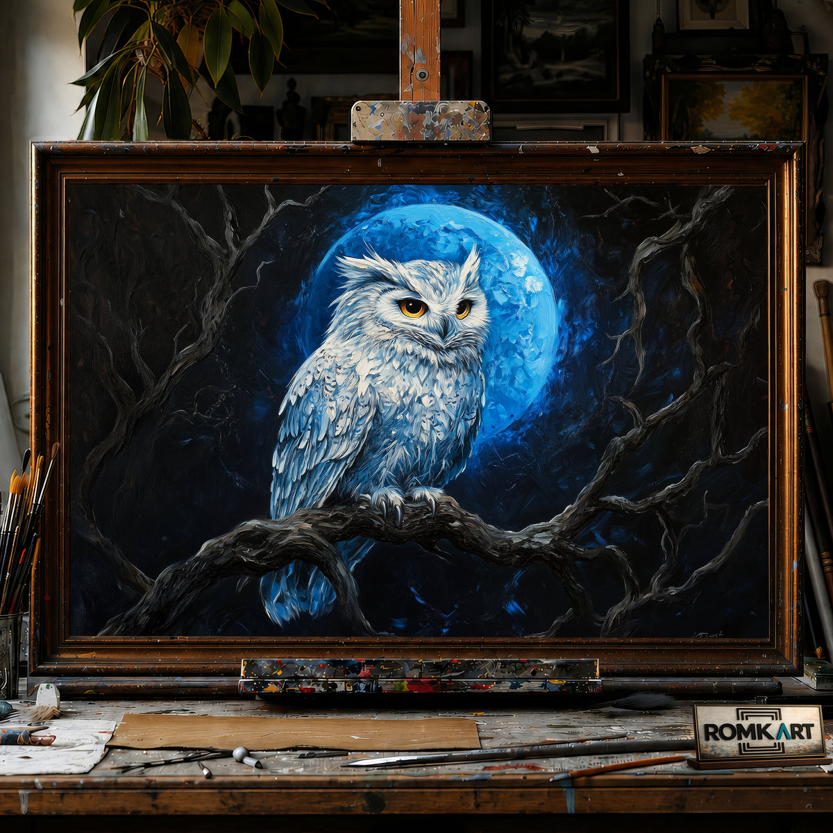 Majestic Owl Blue Moon Light hand-painted oil painting on canvas