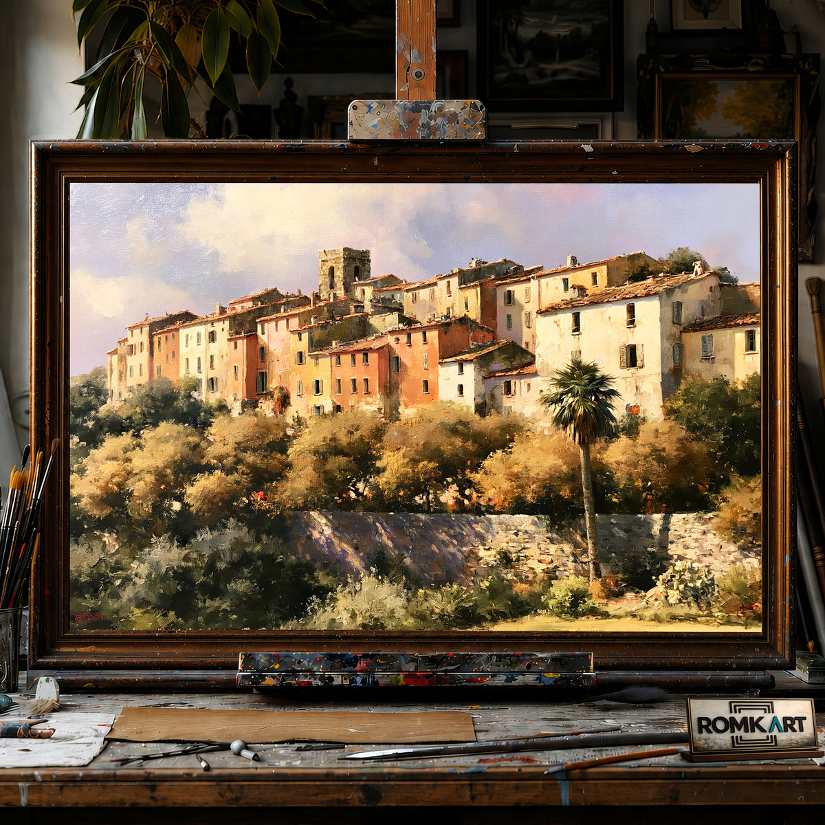 Mediterranean Hill Town hand-painted oil painting on canvas
