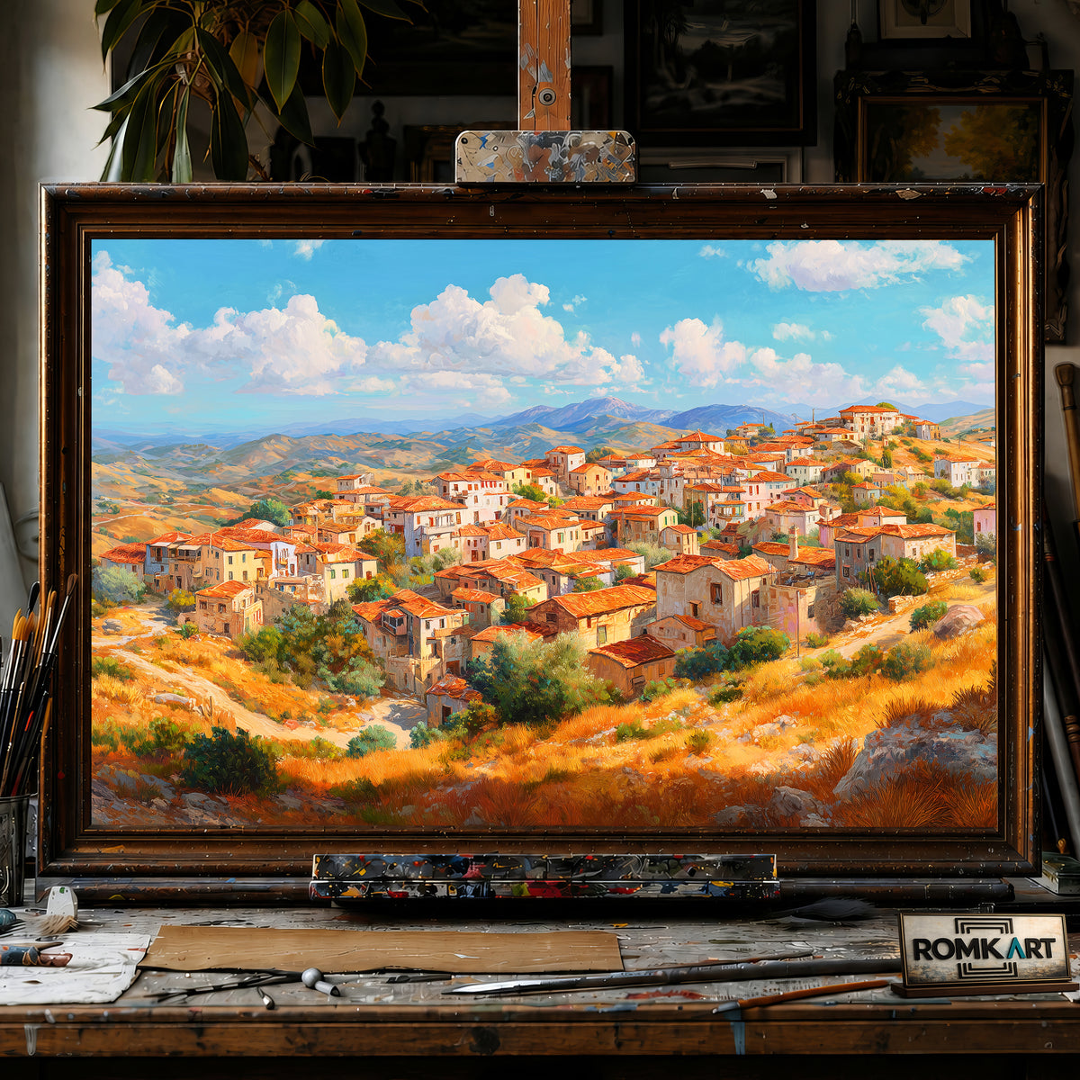 Mediterranean Hillside Village in Cyprus hand-painted oil painting on canvas