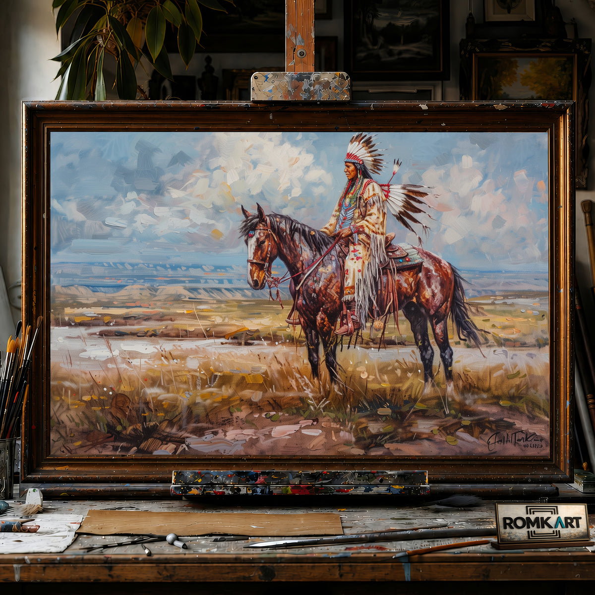 Native American and Horse hand-painted oil painting on canvas