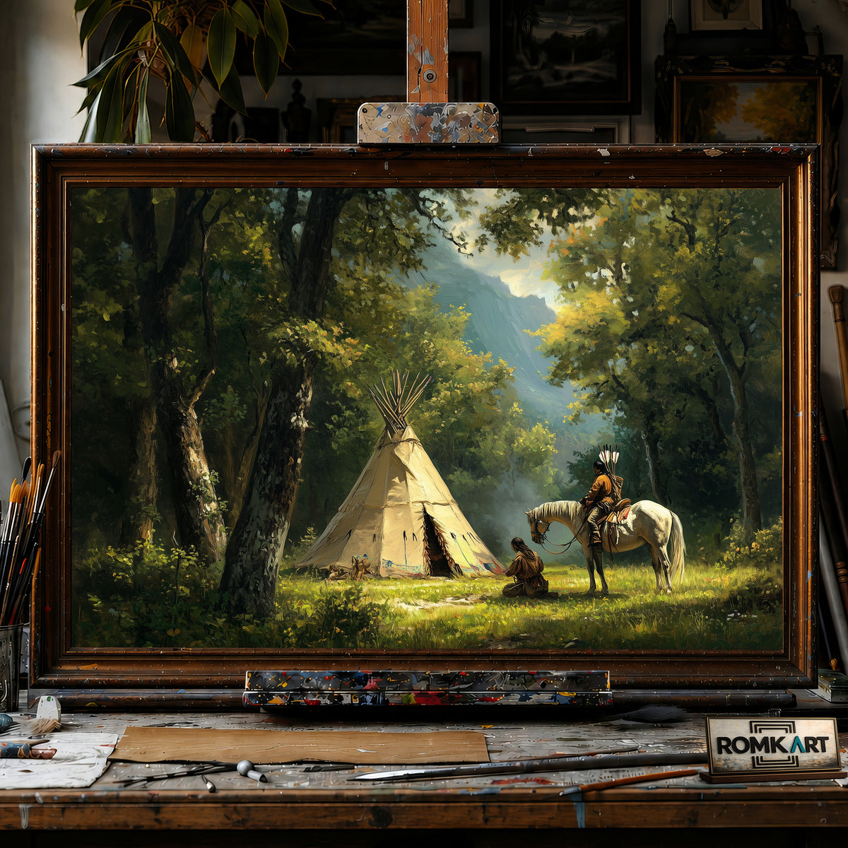 Native American Campsite Tipi hand-painted oil painting on canvas