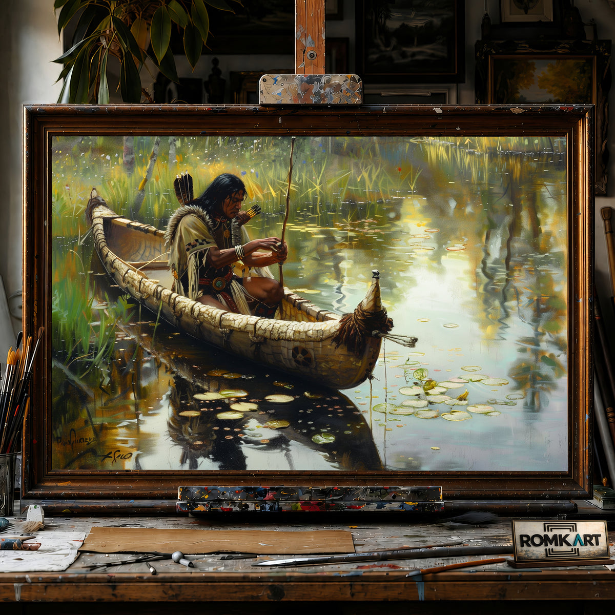Native American Fishing hand-painted oil painting on canvas