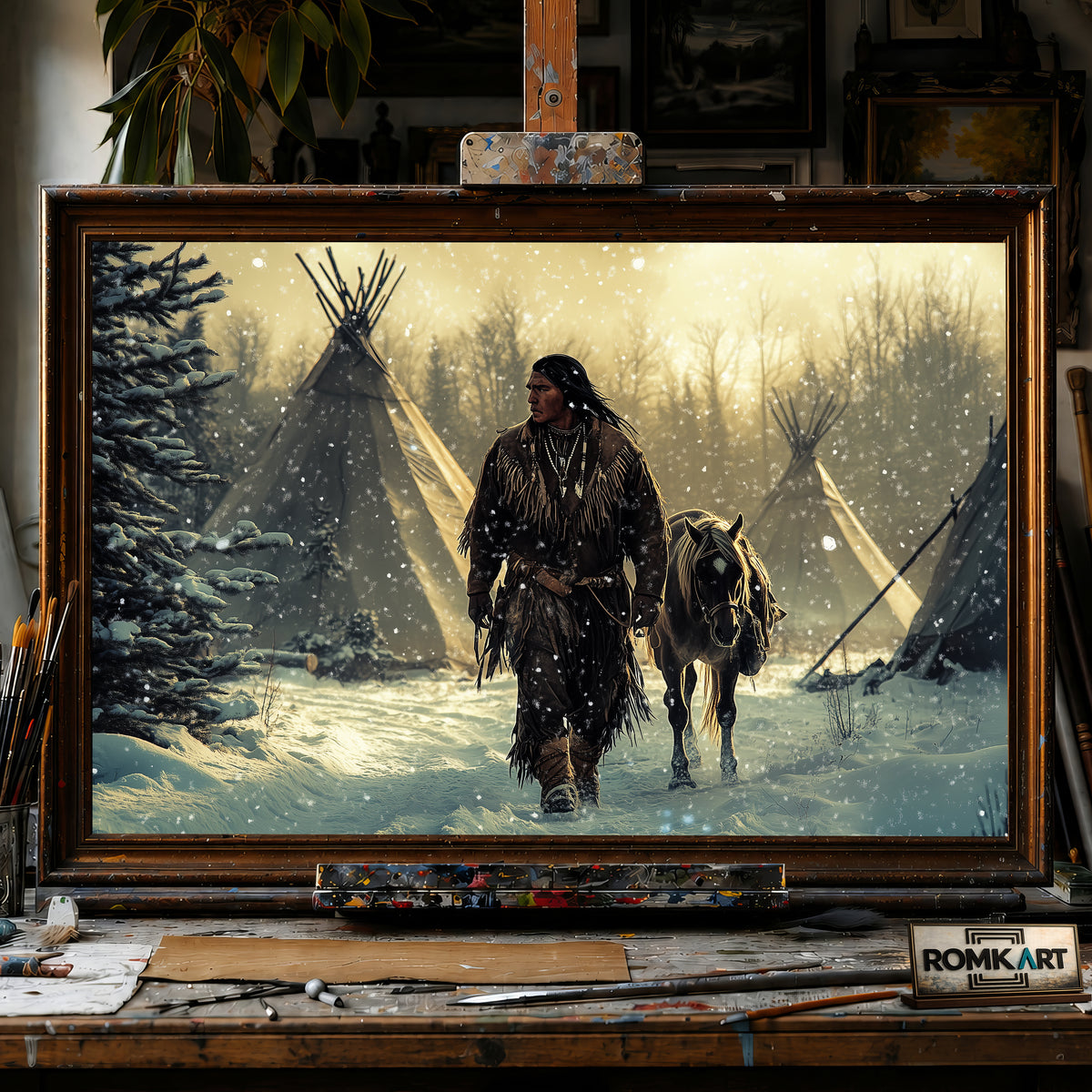 Native American Man and Horse hand-painted oil painting on canvas