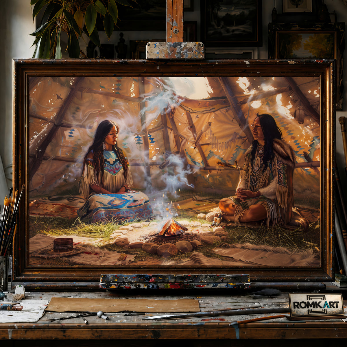 Native American Praying inside Teepee hand-painted oil painting on canvas