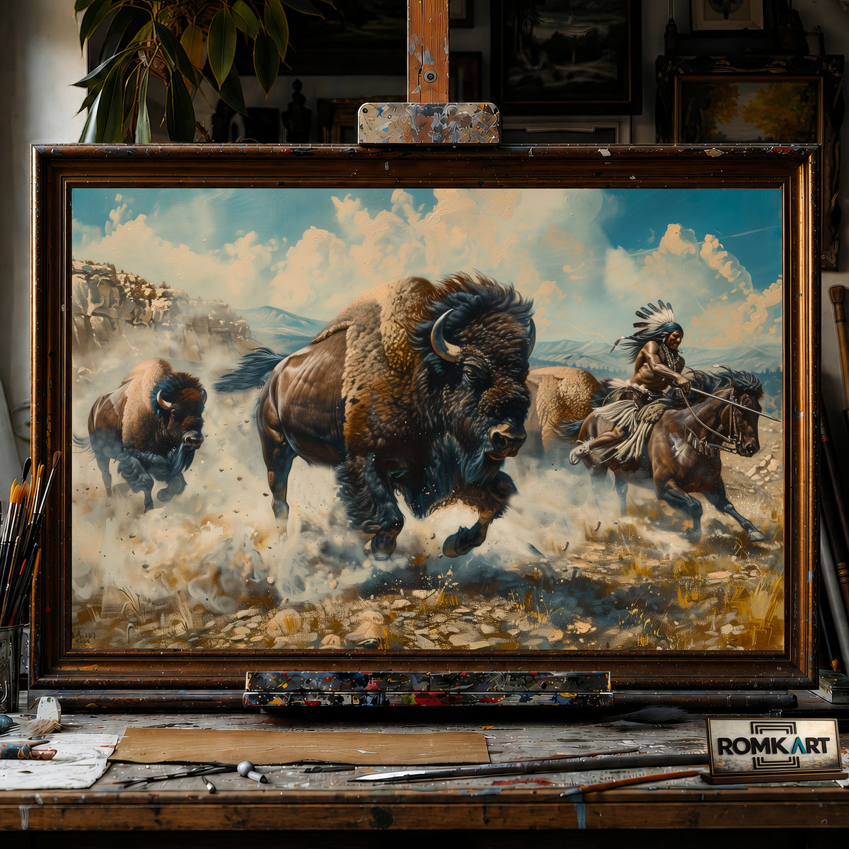 Native American warriors hunting bison hand-painted oil painting on canvas