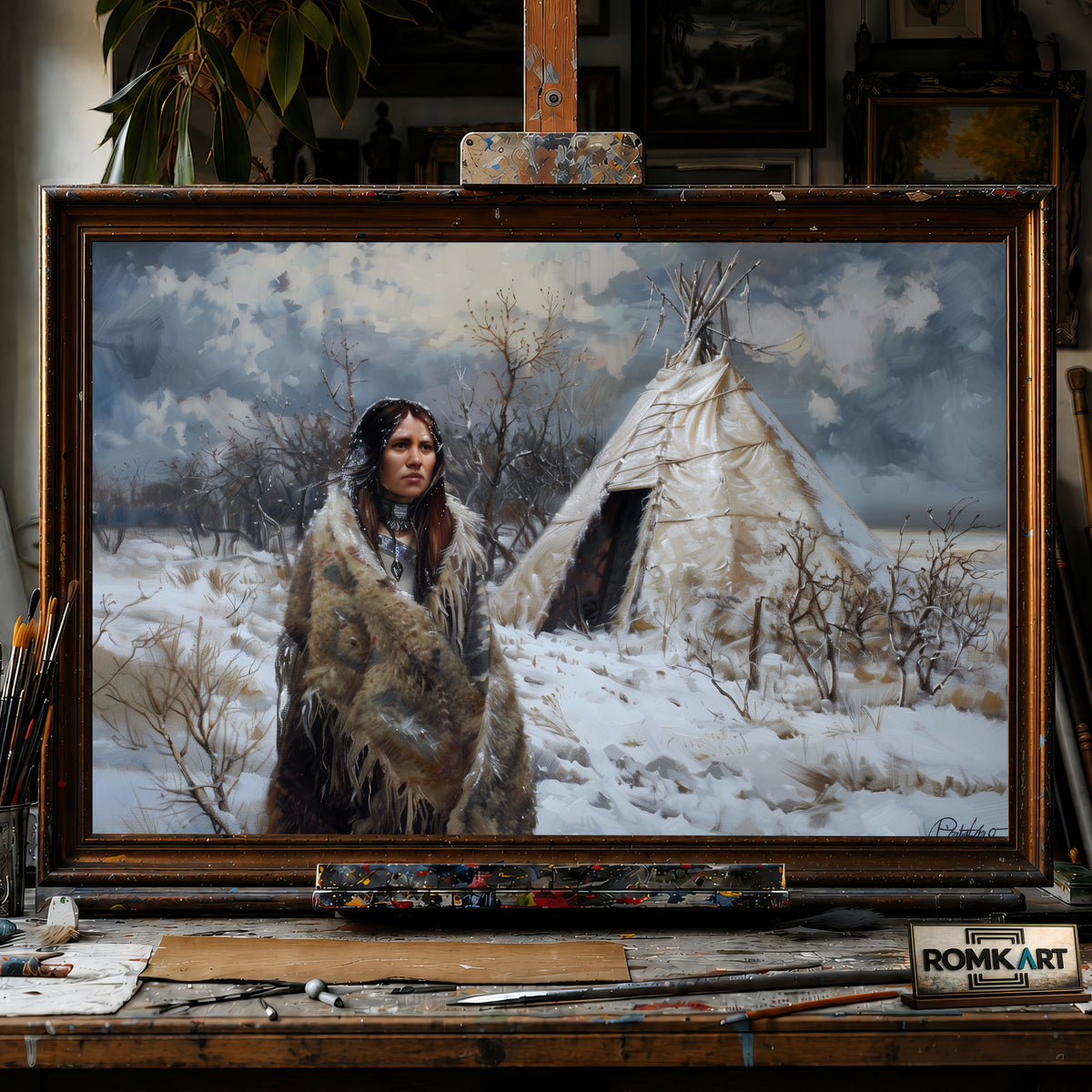 Native American Woman and Teepee hand-painted oil painting on canvas