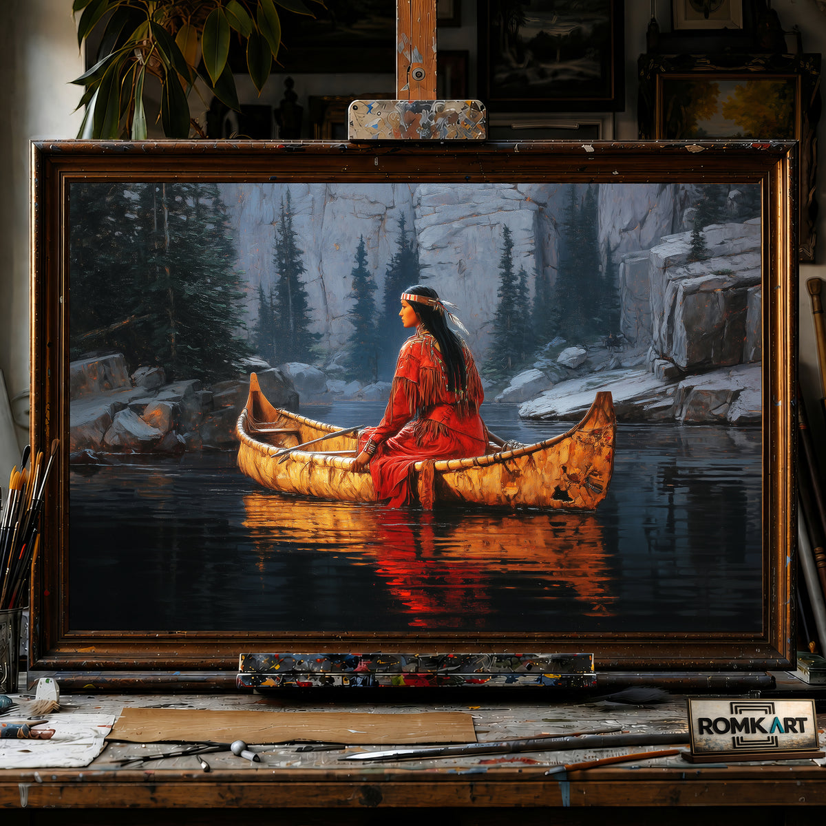 Native American Woman on Birchbark Canoe hand-painted oil painting on canvas