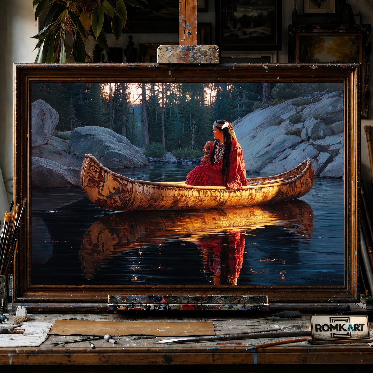 Native American Woman on River Mountain hand-painted oil painting on canvas