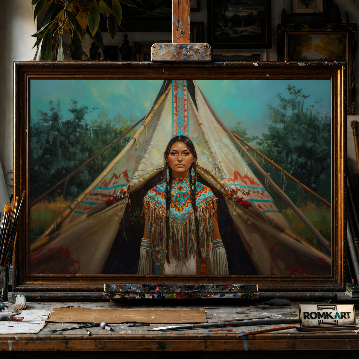 Native American Woman Traditional Teepee hand-painted oil painting on canvas