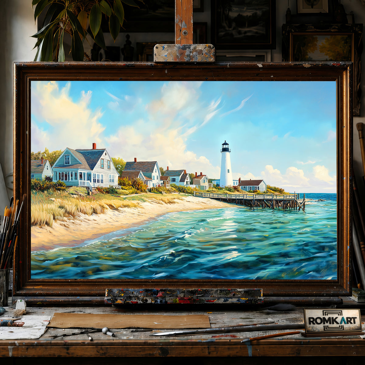 New England Coastal Village Seascape Oil Painting