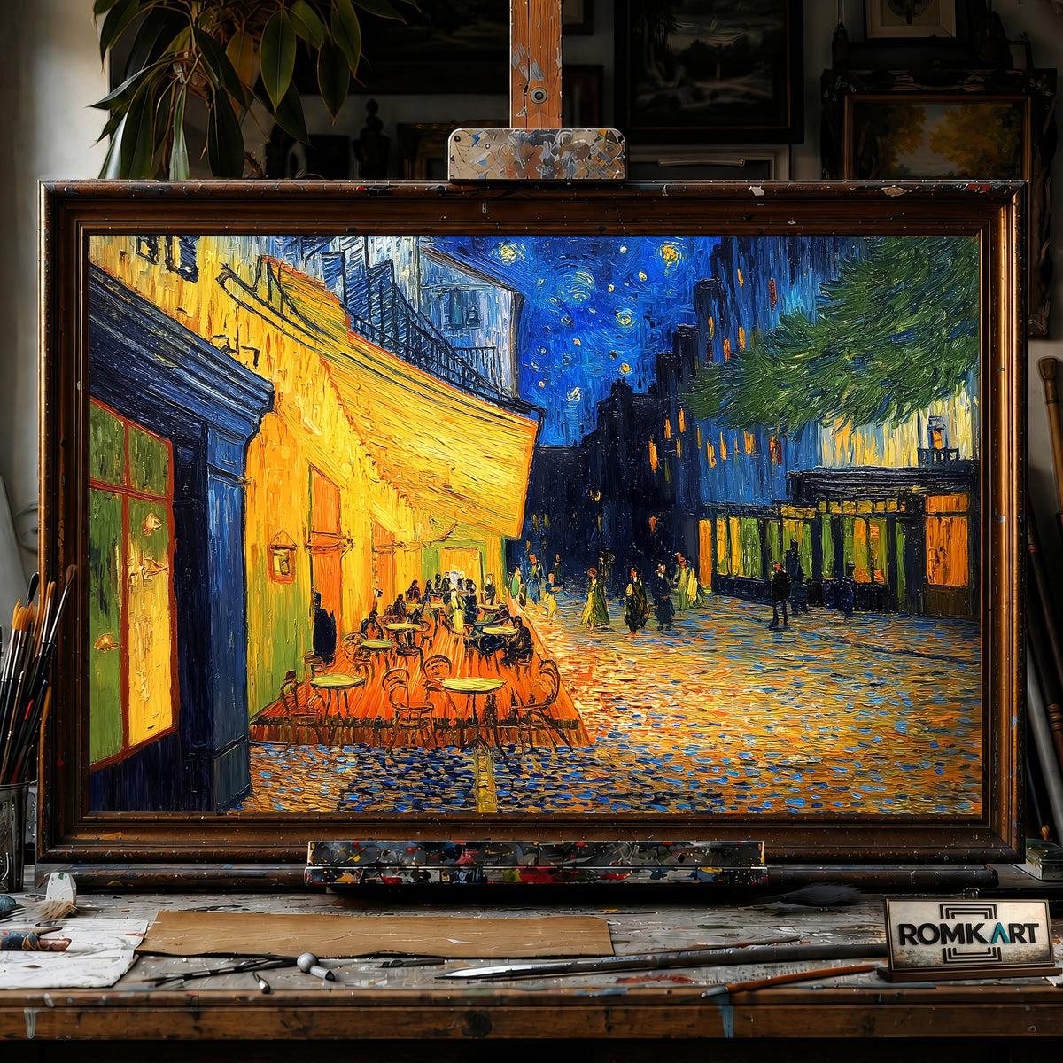 Nighttime Café Terrace - Hand-Painted Oil Painting - View 1