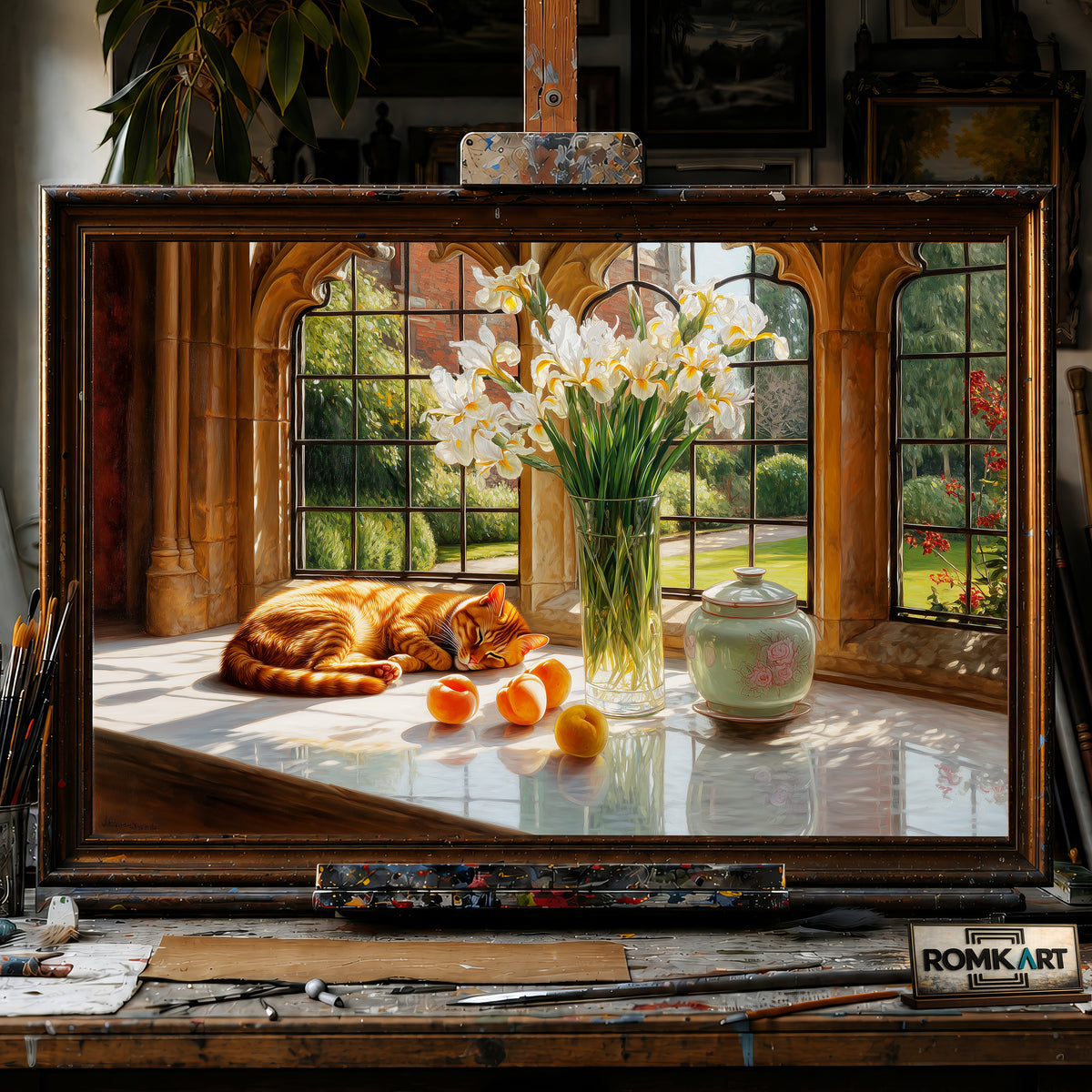 Orange Cat in Window hand-painted oil painting on canvas