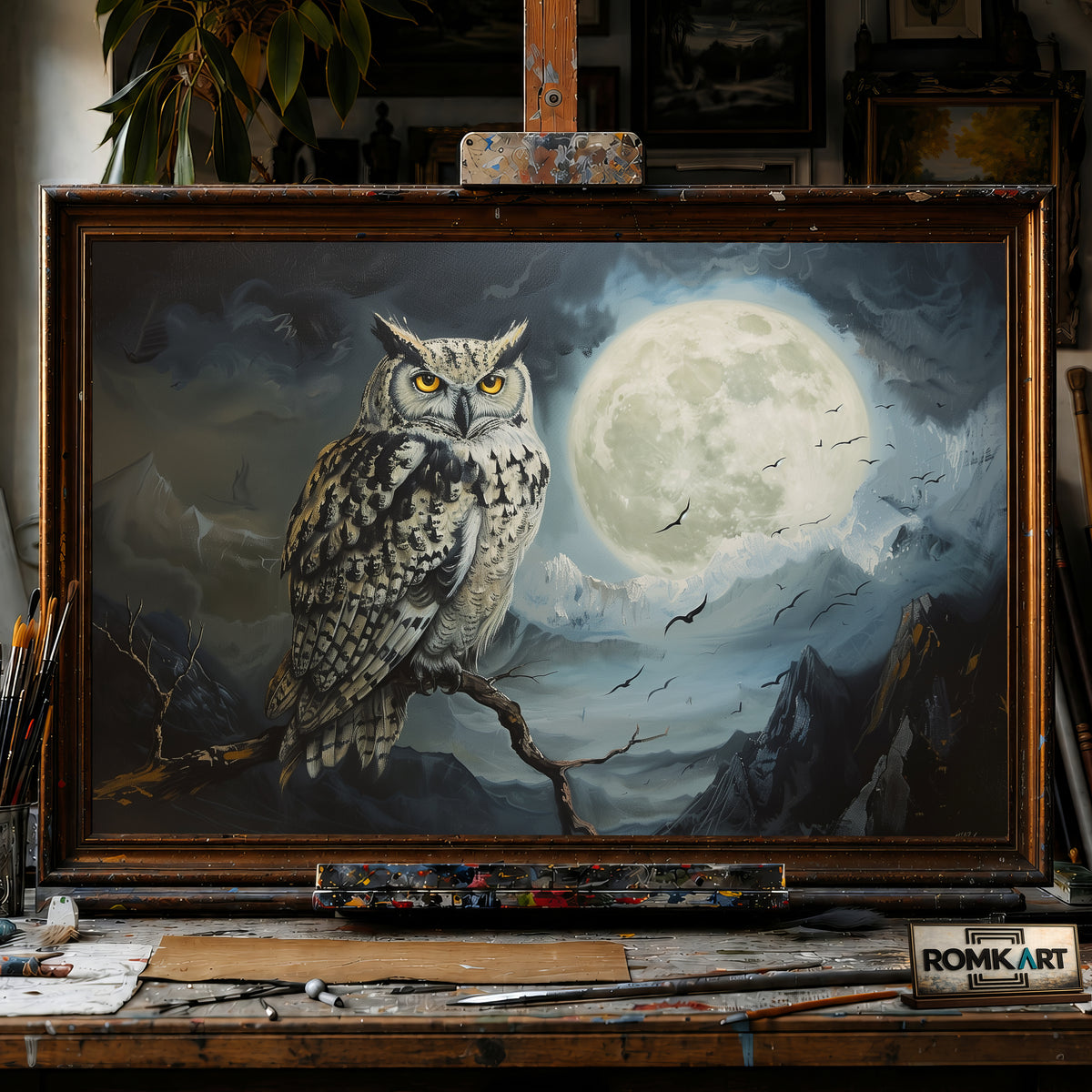 Owl and Nocturnal Moon Light hand-painted oil painting on canvas