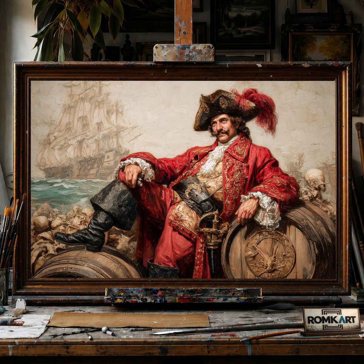 Pirate Captain on Barrel of Rum hand-painted oil painting on canvas