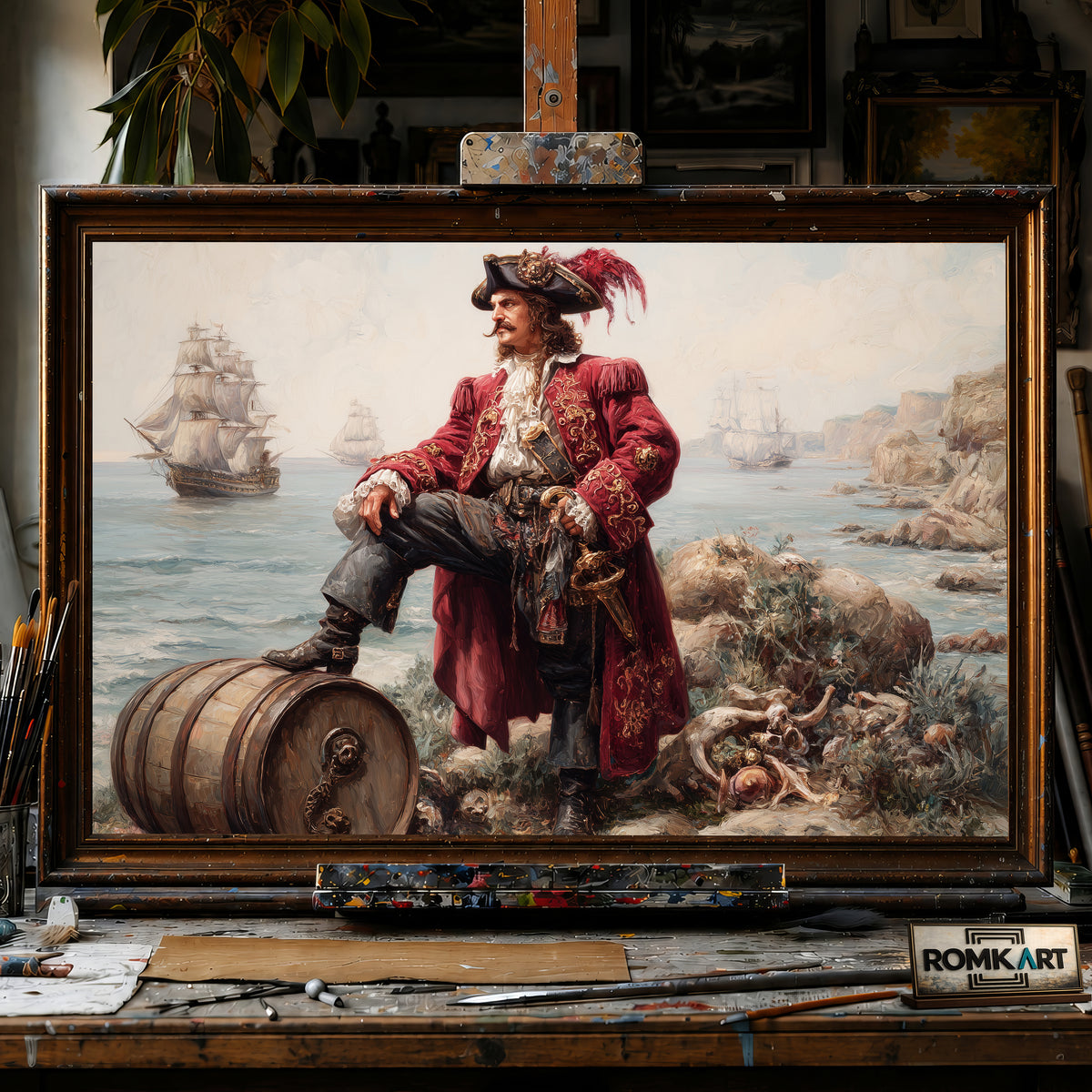 Pirate Captain on Coastal Shoreline hand-painted oil painting on canvas