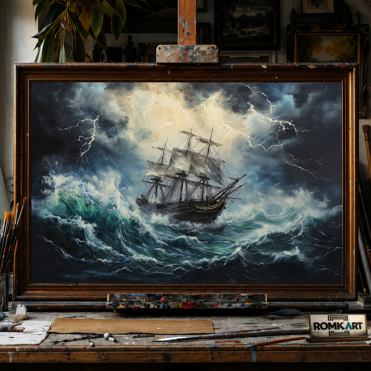 Pirate Ship in Lightning Storm hand-painted oil painting on canvas