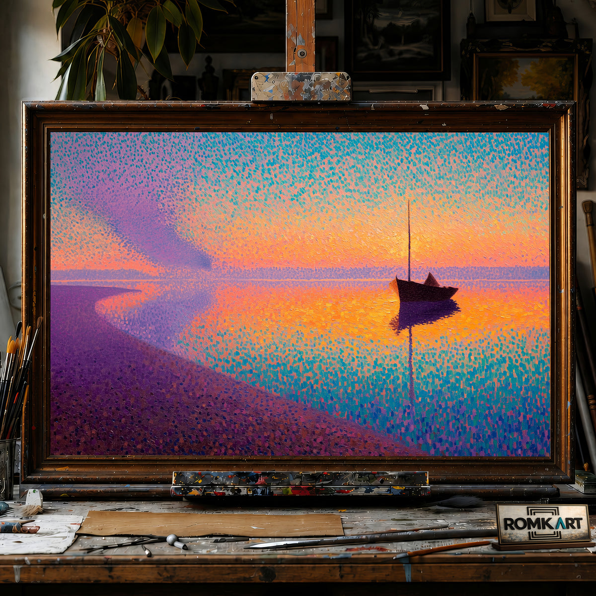 Pointillist Seashore at Sunset hand-painted oil painting on canvas