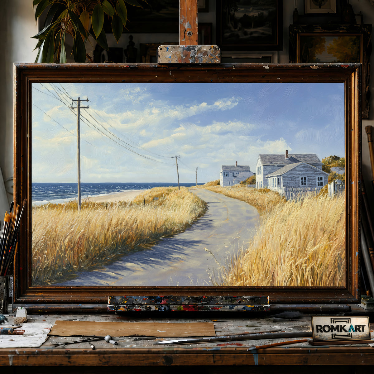 Quiet Coastal Road Town Seascape Oil Painting