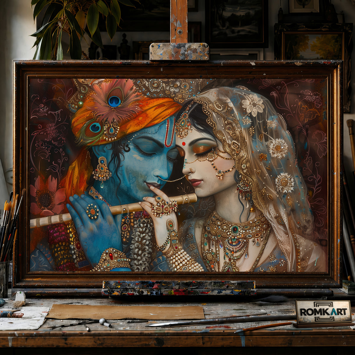 Radha and Krishna Playing Flute hand-painted oil painting on canvas