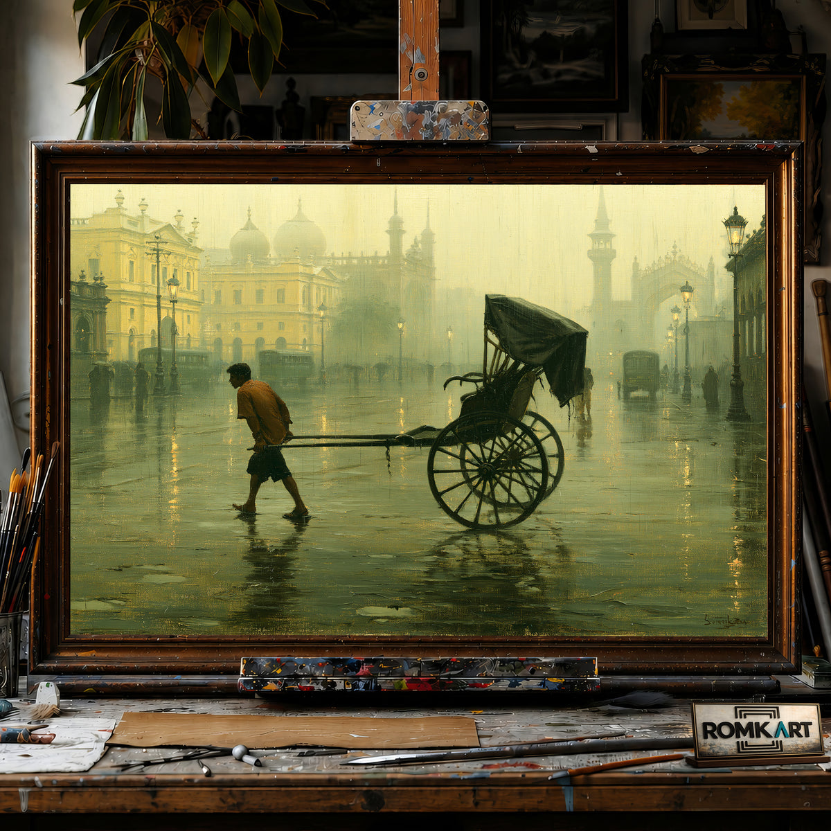 Rainy Indian city hand-painted oil painting on canvas
